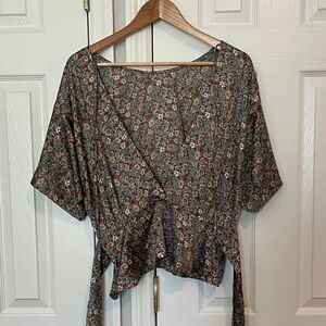 Topshop Floral Wrap Blouse - Blue and Brown